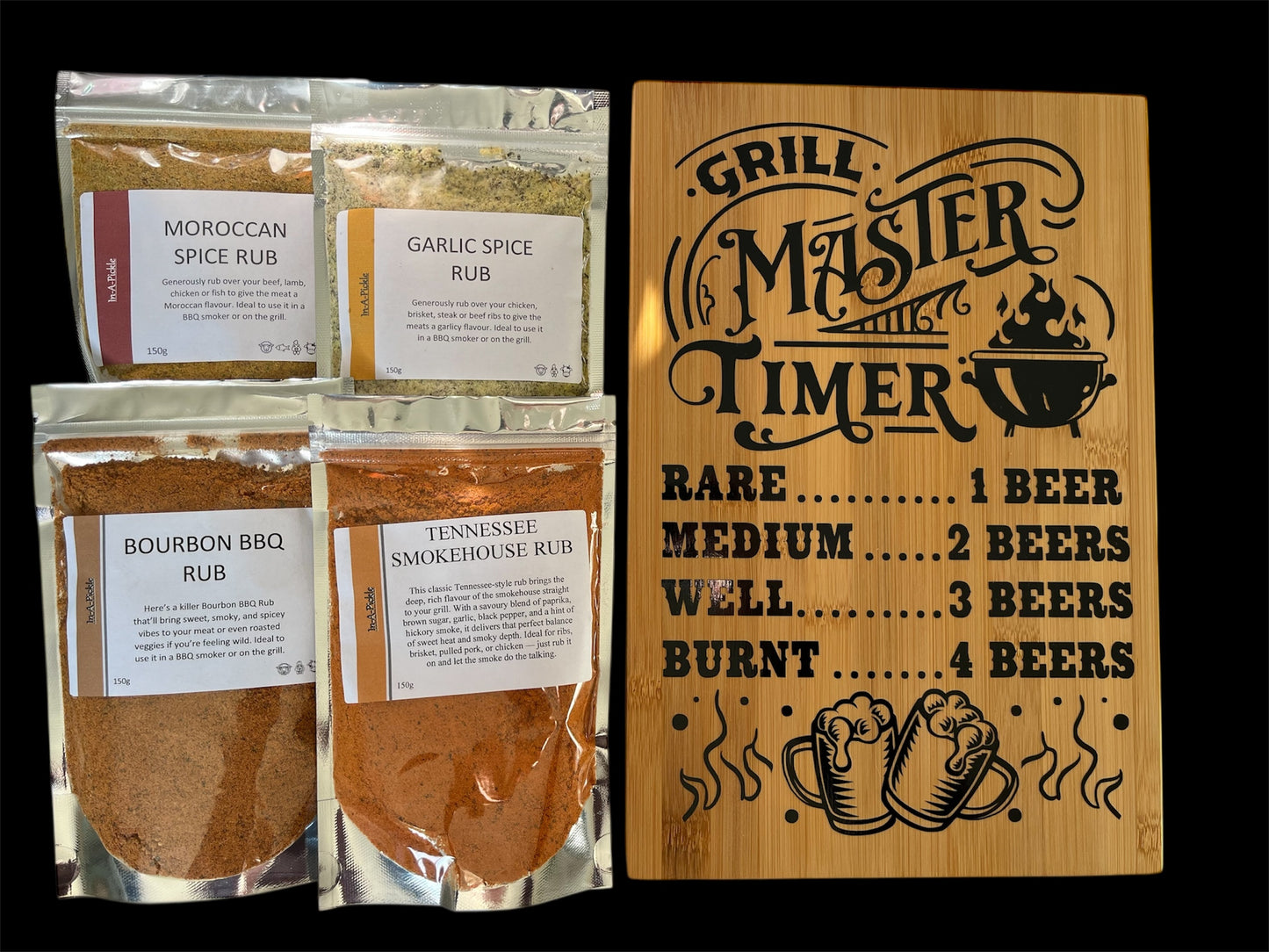 4 150g BBQ rubs and cutting board