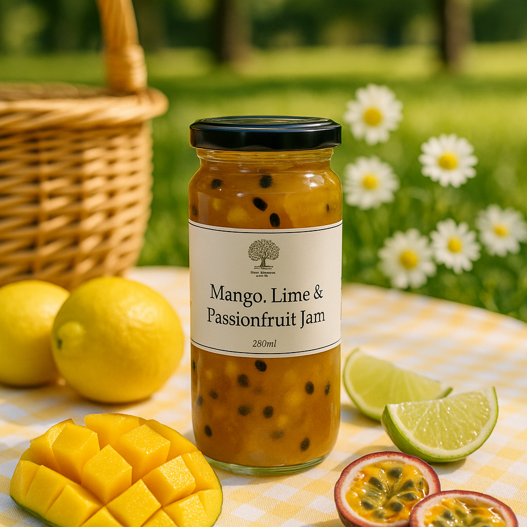 Jar of Mango, Lime & Passionfruit Jam on a checkered tablecloth with fruits and flowers in the background.