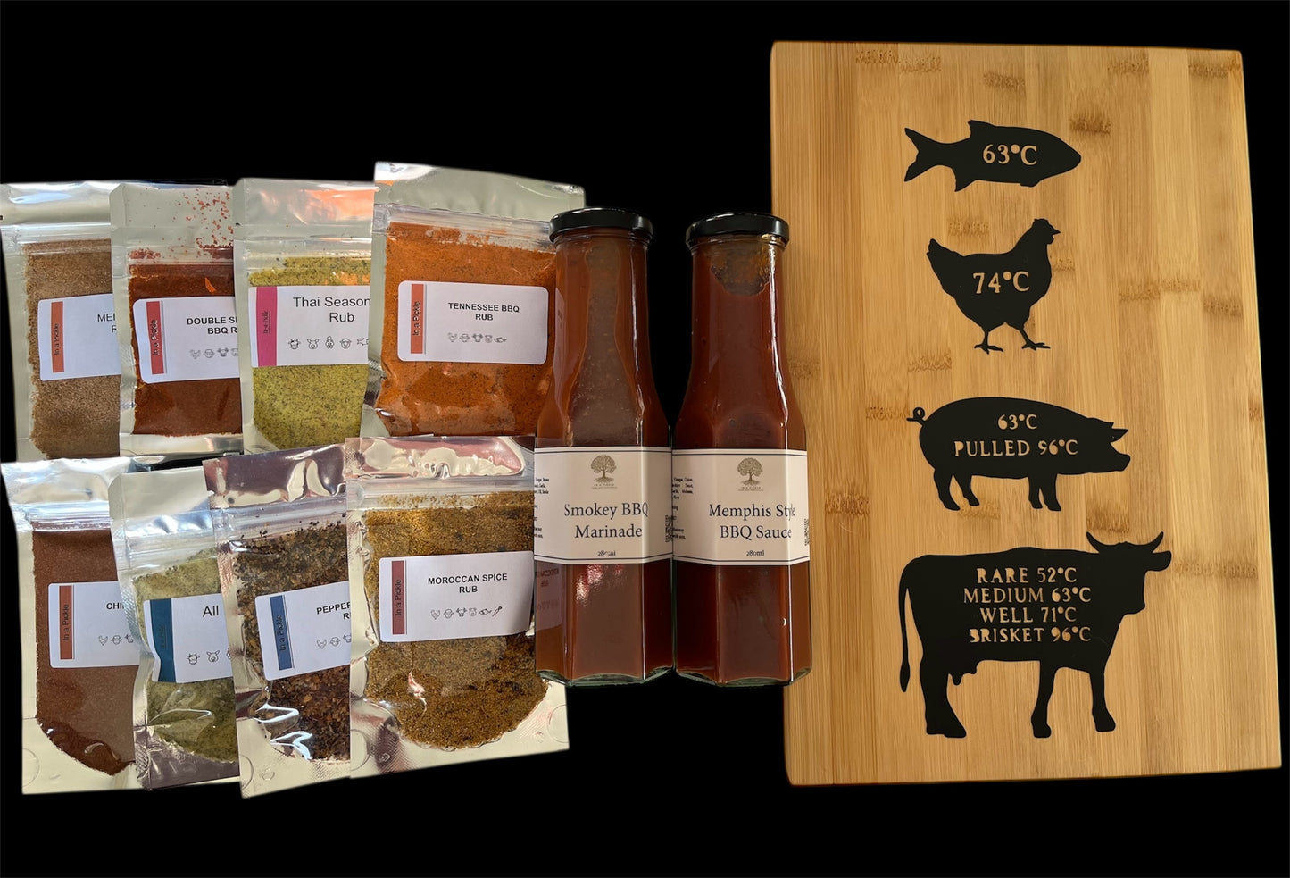 8 dips, 2 sauces and cutting board