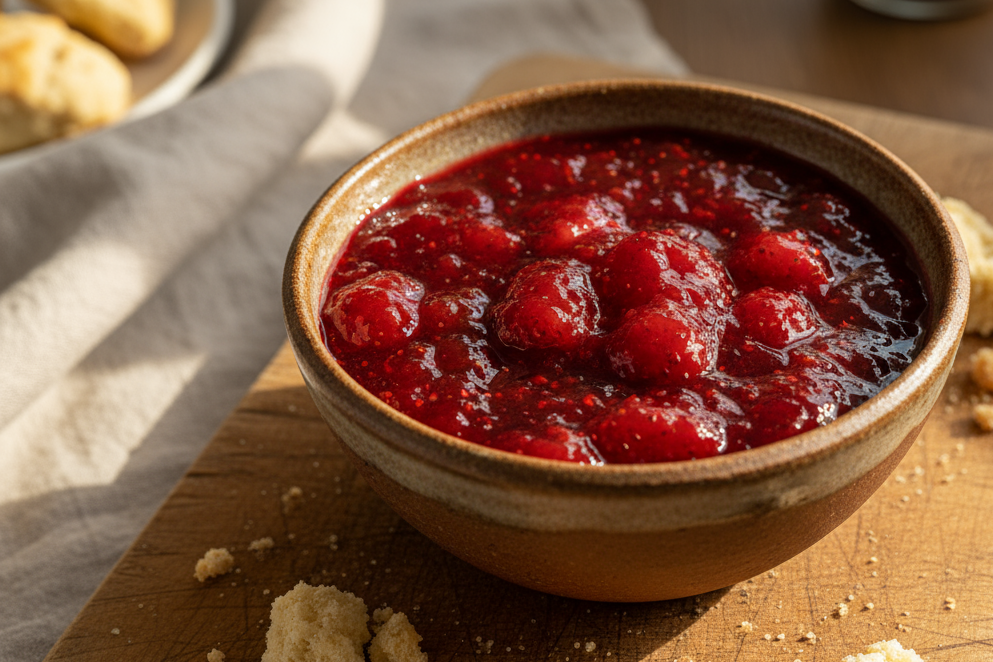 i want a bowl of jam on a cutting board